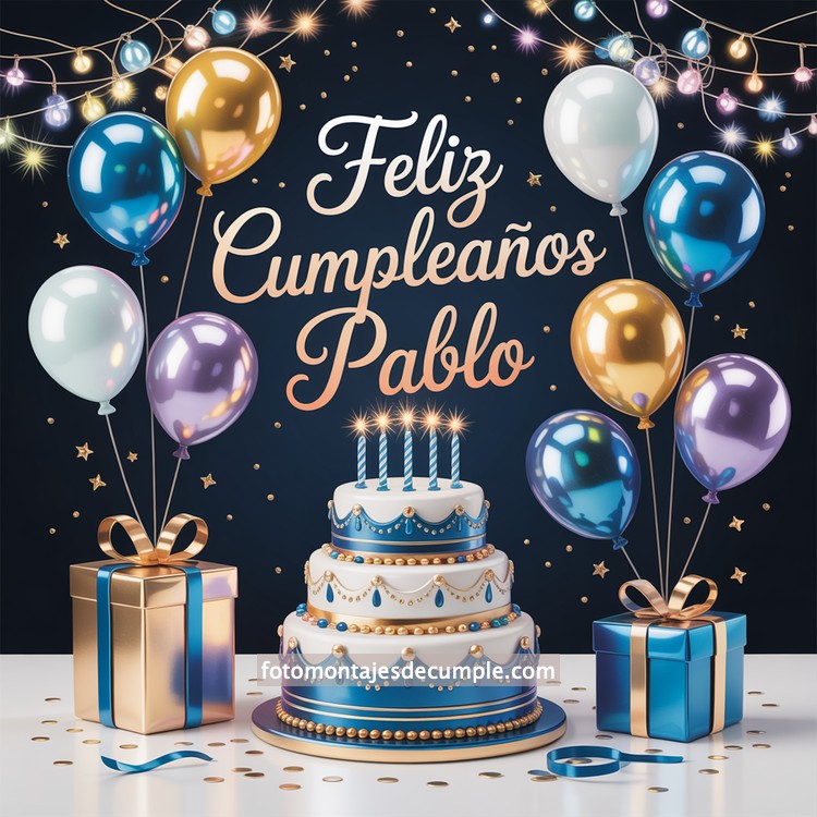 nombres feliz cumple para hombre con pastel y globos